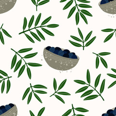 Pattern with Greek food. Seamless repeating pattern. Gray bowls with dark blue olives. Olive oil products. Olive branches. Natural products for a Mediterranean lunch. Contemporary illustration.