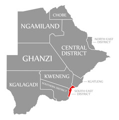 South East District red highlighted in map of Botswana