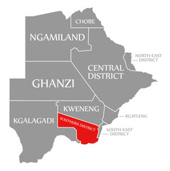 Southern District red highlighted in map of Botswana