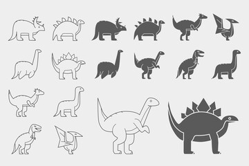 Dinosaurs Icons set - Vector outline symbols and silhouettes of triceratops, stegosaurus, tyrannosaurus and other animals of the Jurassic period for the site or interface