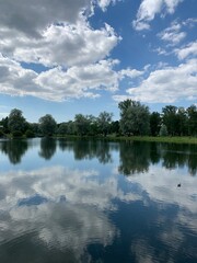 Clouds reflection in the lake water, natural colors, lake background