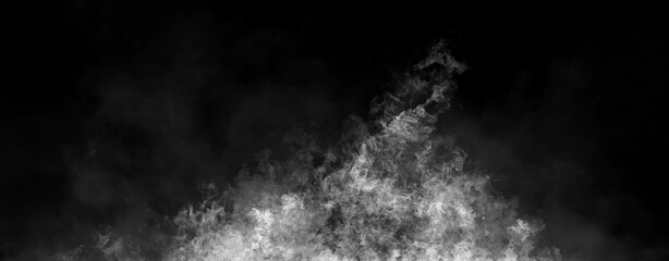 Fototapeta na wymiar Panoramic view black and white fire on isolated background. Perfect explosion effect for decoration and covering on black background. Concept burn flame and light texture overlays.