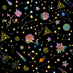 Beautiful endless texture of flowers, constellations, stars, crystals, hearts isolated on black. Vector illustration