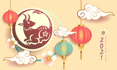 Happy new year 2021 / Chinese new year / Year of the ox / Zodiac sign for greetings card, invitation, posters, brochure, calendar, flyers, banners.