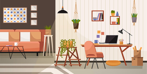 Workplace room, modern bright interior, cabinet. Working from home. Remote work. Interior empty no people. Office with computer in living room. Colorful vector in flat cartoon style. Modern workspace