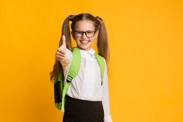 Joyful Schoolgirl Gesturing Thumbs-Up Smiling To Camera, Yellow Background