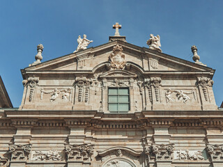 Facade of an old building in Madrid. Nice design. Spring day