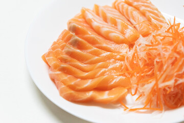 Fresh salmon sashimi serve on plate. Japanese food style. 