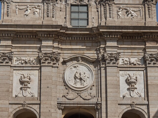 Facade of an old building in Madrid. Nice design. Spring day