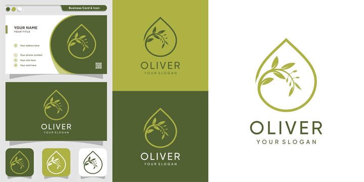 Oliver logo and business card design template, drop, brand, oil, beauty, cosmetics, icon, health, premium vector