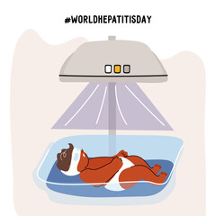 World Hepatitis Day. Phototherapy of newborns for hepatitis. Newborn in a special box under a phototherapy lamp. Vector flat illustration in cartoon style with hashtag from World Health Organization.