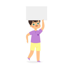 Happy European smiling boy is holding empty blank board. Cartoon pretty little kid with poster, template ready for your message with space for text. Funny cartoon character. Vector illustration
