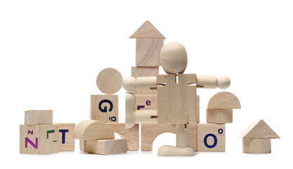 Educational wooden building blocks with alphabet letters and person shaped figure, marionette...