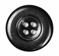 Black sewing buttons isolated on white background, top view
