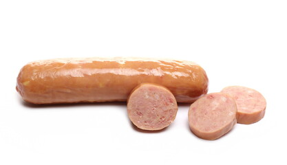 Mini sausage with chopped up slices, hot dog isolated on white background