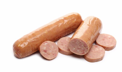 Mini sausages with chopped up slices, hot dog isolated on white background