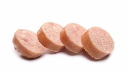 Mini round sausage slices, hot dog pieces isolated on white background