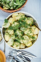 Dish with Potatoes and Dill Garnish, Latvian Midsummer Meal,  - 366470107