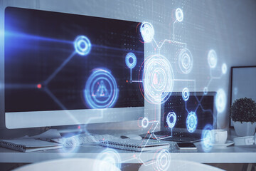 Fototapeta premium Technology theme drawing and work space with computer. Multi exposure. Concept of innovation.