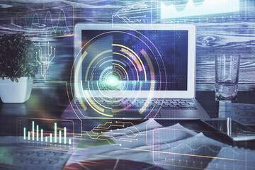 Technology theme drawing and table with computer. Multi exposure. Concept of information.