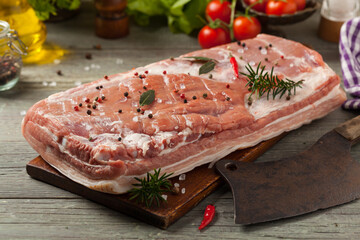 Raw bacon in whole on wooden background.
