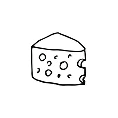 Cheese slice doodle. piece of cheese in doodle style, hand drawn.hand drawn cheese.hand drawn slice of cheese logo, icon, card, sign, label, banner, poster