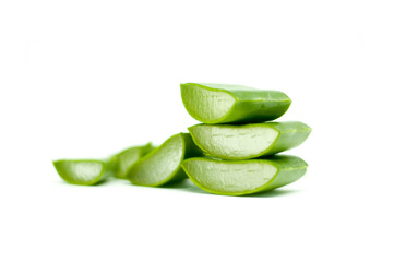 Three Stacks of Aloe Vera with Another Cuts on  the Side Fresh Natural Organic Ingredients Isolated in White Background