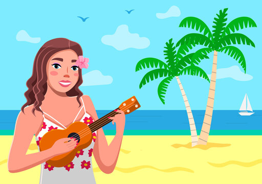 A Hawaiian girl plays an ukulele. Sea background, sand, palm trees, seagulls, sky. Tropical flowers. Traveling and tourism. Hot country, welcome to Hawaii. Hawaiian songs and dances. Flat image