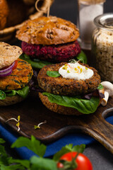 Vege burgers with carrots, beetroots and mushrooms.