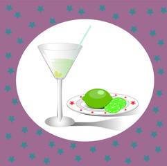 Glass of martini with olives. Plate with lime.