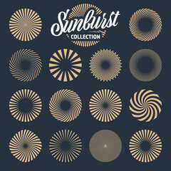 Vintage sunburst collection. Bursting sun rays. Fireworks. Radial sunset beams. Vector illustration.