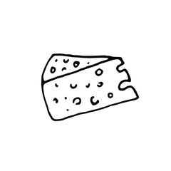 Cheese Chunk isolated on a white background. Monochromatic line art. Retro design. Vector illustration.Grocery store and cake shop badge concept. hand drawn design street food logotype