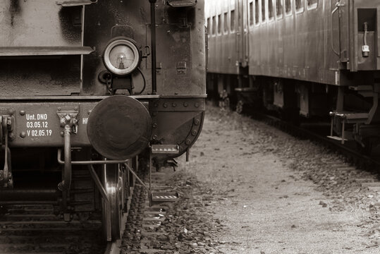 Front of an old Steam Locomotive, Details of an steam locomotive, head lights, buffer, bumper, puffer, black and white photo