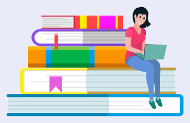 Female character working online via laptop, isolated personage sitting on pile of books. Student preparing for exam or lessons. Human reading electronic publications in web. Vector in flat style