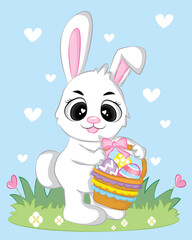 Obraz na płótnie Canvas Cartoon baby bunny is charring Easter egg to the basket with colorful Easter eggs. Vector illustration in flat style.t