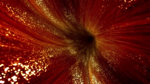 Giant golden gravitation wormhole vortex in dark space. Festive and mesmerizing abstract looped 3D animaton background.