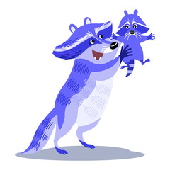 cartoon mom raccoon with a baby, vector picture