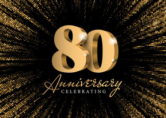 Anniversary 80. gold 3d numbers. Against the backdrop of a stylish flash of gold sparkling from the center on a black background. Poster template for Celebrating 80th anniversary event party. Vector