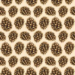 Seamless pattern with watercolor brown pine cone, forest coniferous tree part. Hand drawn nature background for design print, fabric, wrapping paper, scrapbooking