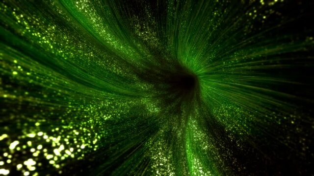 Eternal cycle of nature and Universe in a time tunnel. Twisting green electrical pulses of life through 3D animated particle vortex wormhole loop.