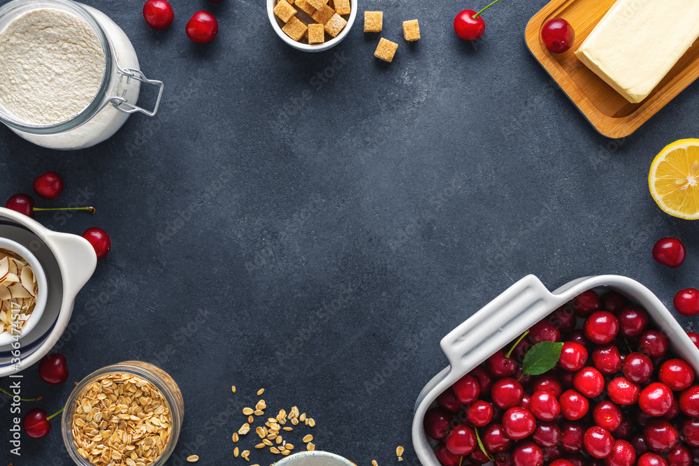 Poster frame of ingredients for cooking pie with cherries on dark background top view