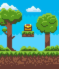 Map of pixel game, green tree and bush, grass on ground, step with treasure, cloudy sky, nobody place, adventure map, squared interface, platform vector