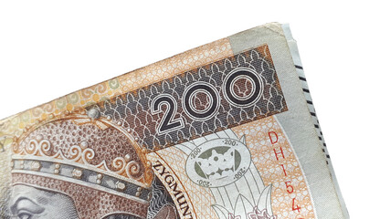 Fototapeta na wymiar closeup of 200 zloty note. Polish currency isolated on white background.