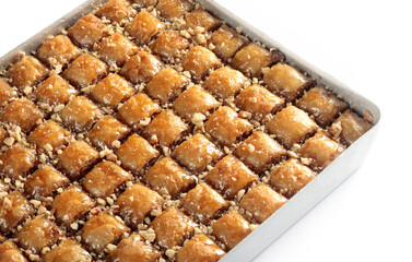 Traditional Dessert Turkish Baklava. Walnut, Pistachio Turkish Style Antep Baklava Presentation. Baklava from Turkish cuisine.