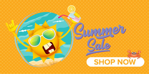summer sale cartoon horizontal web banner or vector label with happy sun character wearing sunglasses and holding cocktail isolated on horizontal background