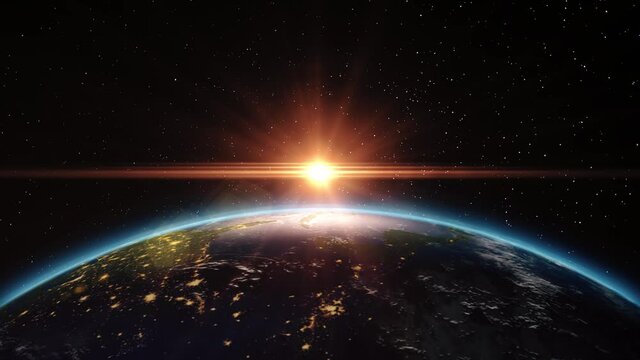 Sunrise view from space on Planet Earth. High detailed 4k 3D Render animation. Elements of this image furnished by NASA