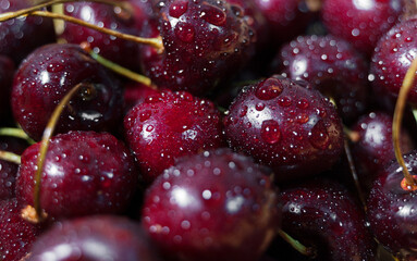 Pile of ripe red cherries with stalks.