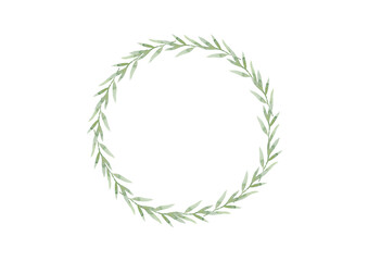 Watercolor circle frame wreath and leaves. Floral banner on white background
