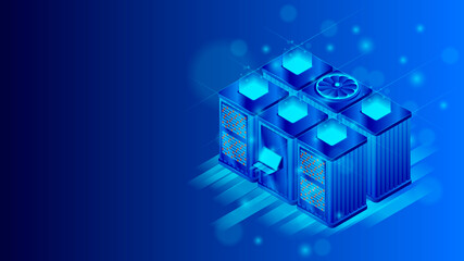 Isometric server room concept. Cloud data storage. Vector illustration showing the technology of data processing. Networking and secure web hosting.