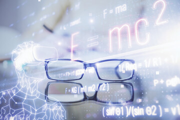 Science formula hologram over woman's hands taking notes background. Concept of study. Multi...